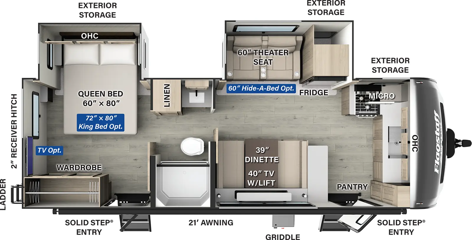 The Flagstaff Super Lite Travel Trailers 26SFK has two entries and two slide outs. Exterior features include: fiberglass exterior and 21' awning. Interiors features include: front kitchen, rear bedroom and pass through bathroom.